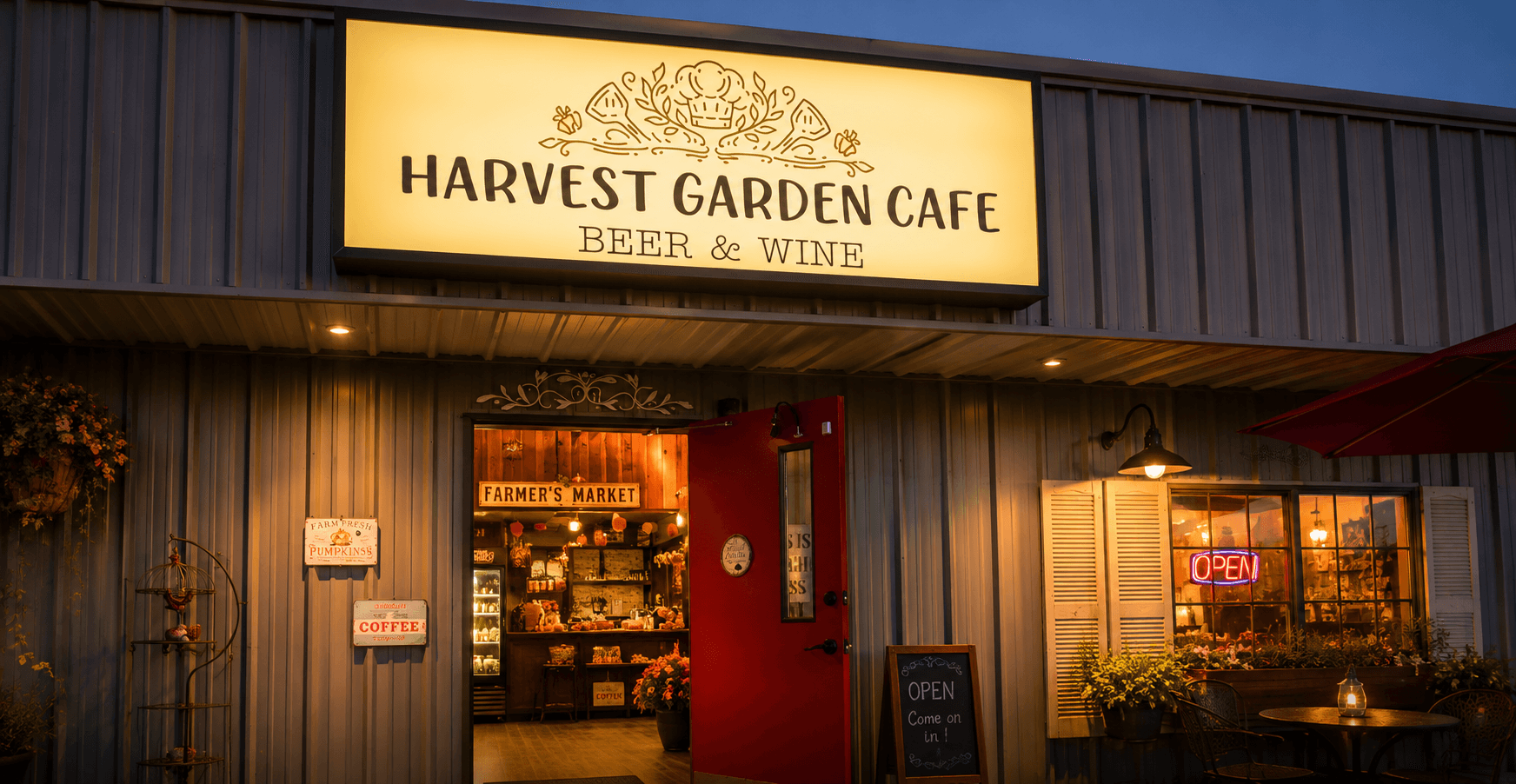 The illuminated Harvest Garden Cafe sign above the open red front door, glowing warmly in the evening